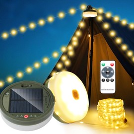 SUBOSI 20 m Solar Camping Fairy Lights, Rollable, Solar & USB Charging, 230 LEDs Outdoor Warm White Camping Lamp Fairy Lights with Remote Control, 8 Modes Portable Camping Lights for Camping, Yard
