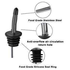 WAFJAMF 2 Pcs Liquor Pour Spouts, Stainless Steel Liquor Bottle Pourers with Rubber Dust Caps and Cleaning Brush,for Pours Liquid, Olive Oil, Wine (Black)