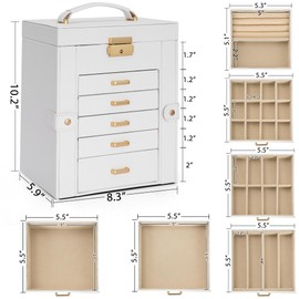 AKOZLIN 6-Tier Jewelry Box Lockable Leather Jewelry Storage Case with 5 Drawers for Women Girls Ring Necklace Earring Bracelet Holder Organizer with Mirror