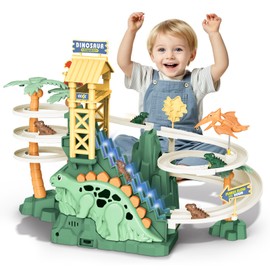 Dinosaur Race Track - Climbing Slide Stair Toy for 3 4 5 Year Old Boys Birthday Gift, Sliding Car Dinosaur Toy Track with Music and Light, Dino Game Boy Toys Age 4-7 (Green)