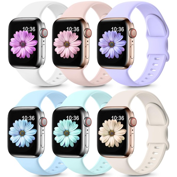 6 Pack Sport Bands Compatible with Apple Watch Band 38mm 40mm 41mm 42mm 44mm 45mm 49mm,Soft Silicone Waterproof Strap for iWatch Ultra/Ultra 2,Series 9 8 7 6 5 4 3 2 1 SE Women Men