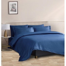 ACCURATEX Duvet Cover Set Queen Size Navy, 400TC Long Staple Cotton, Sateen Weave Percale Luxe Comforter Cover with Zipper Closure&Corner Ties, 3 Pcs Hotel Duvet Cover with Pillow Shams