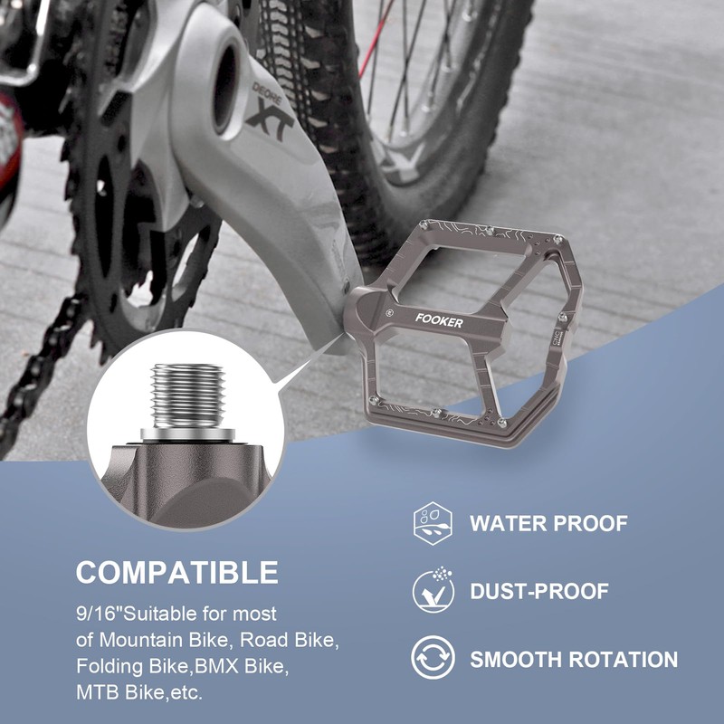 FOOKER Bike Pedals,Aluminum 9/16" Sealed Bearing Bicycle Pedals Lightweight Wide