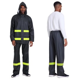 Men's PRO Workwear 3-Piece Waterproof Rain Jacket & Pants Set - Heavy Duty PU Eco-Friendly Hi-Vis Reflective Design(Reflective Black,Medium)