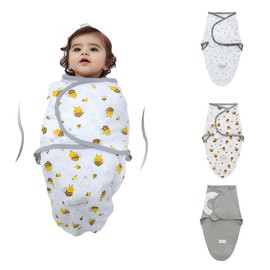 Pack of 3 Swaddling Sacks Baby 0-3 3-6 Months Baby Blanket Swaddling Cloth Baby Sleeping Bag Newborn Swaddle Blanket Made of 100% Organic Cotton (Bee Star, L)