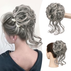 Sofeiyan Messy Bun Hair Piece Curly Wavy Hair Bun Extensions Synthetic Tousled Updo with Tendrils Hairpieces Bun Donut Accessories Scrunchies for Women, Black Mix Grey Tips