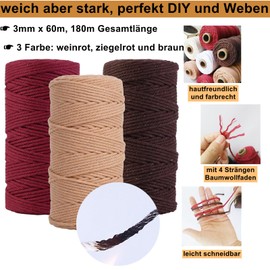 Macrame Yarn 3 mm x 60 m Set of 3 Macrame Wall Hanging Dream Catcher Hanging Basket Curtain String Chain Craft Set DIY Crafts with 5 Key Chains 60 Wooden Beads 6 Wooden Rings 2 Round Rod