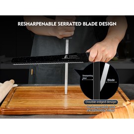 CoquusAid Resharpenable Bread Knife for Homemade Bread, 11.6-Inch Multifunction Serrated Knife with 5 Thickness Adjustable Slicing Guide, Stainless Steel Bread Cutter, Razor Sharp for Sourdough, Black