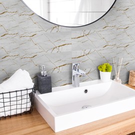 AMAZING WALL Home Acrylic Grey White Gold Marble Print Wall Panels Home Interior Decorative Wall Tile for Living Room,Bedroom,Kitchen,TV Background Glue-Up Installation 6pcs