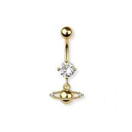 Pierced Owl 14GA 316L Stainless Steel CZ Crystal Saturn Planet Dangling Belly Button Ring (Gold Tone)