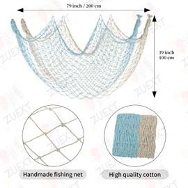 ZUEXT Decorative Fishing Net Large Blue & Beige 80x40 Inch, 2 Pack Picture Fish Net, Wall Photo Hanging Fishnet for Nautical Mermaid Pirate Ocean Themed Hawaii Beach Under The Sea Party Decorations