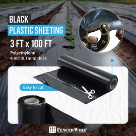 Fencer Wire 4 mil Black Plastic Sheeting, Roll of Heavy-Duty Plastic Sheet, Polyethylene Vapor Barrier Plastic Sheeting, Black Painters Tarp, Black Plastic Tarp, Multi-Purpose, 3' x 100'
