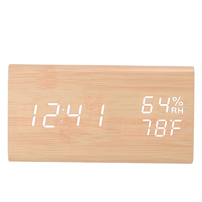 Triangular Digital Wooden Clock Time Date Temperature Humidity Display Alarm