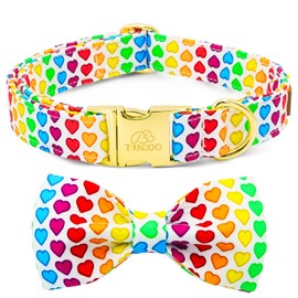 Tunkoo Heart Dog Collar with Colorful Bow Tie, Pride Pet Collar Adjustable Cotton Collar Valentines Gifts for Small Medium Large Boys Girls Dogs, L