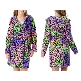 Topgal Rainbow Black Leopard Robe for Girls Fleece Toddler Kids Teen Spa Hooded Bathrobe Size 12