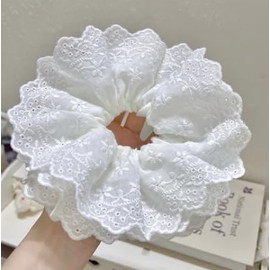 White Lace Scrunchie Hair Tie, Eyelet Design, Elastic Ponytail Holder for Women and Girls (Anna)