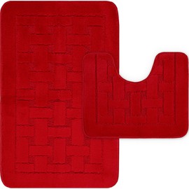 LS DECOR Luxury 2 Piece Block Bath Mat Set Non Slip Ultra Soft Bathroom Mats Water Absorbent Bath Mats Machine Washable Rug Toilet Mat for Bathroom Floor (BURGUNDY)