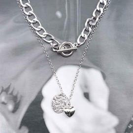 Cimenexe Vintage Coin Pendant Necklace Silver Layered Heart Necklace Choker Toggle Chain Necklace Retro Thick Curb Chain Necklace Jewellery for Women and Girls