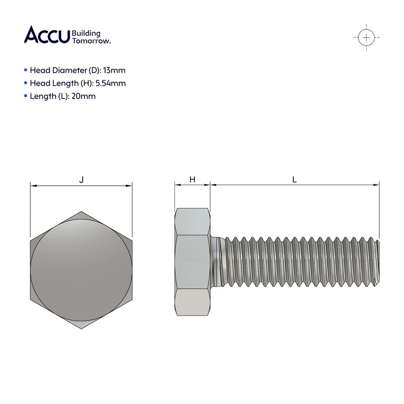 Accu - M8 x 20mm Full Thread Hexagon Bolts (DIN