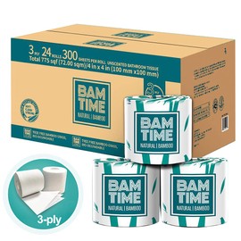 Toilet Paper, 100% 3ply Bamboo Toilet Paper, 24 Rolls, 300 sheets, 7200 Count, pack of 24, plastic free, Tree free, Biodegradable