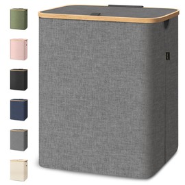 BALEINE Laundry Hamper with Lid, Tall Laundry Baskets with Bamboo Pull Handles, Large Laundry Bin with Internal Support (40 Gallon, Grey)