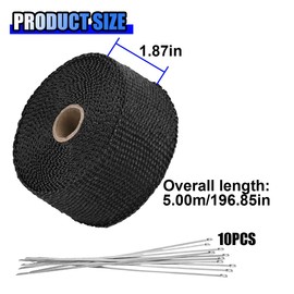 UHANBUT 2" x 16Ft Motorcycle Exhaust Heat Wrap Tape, Fiberglass Exhaust Tube Heat Shield Tape Roll with 10 Stainless Locking Ties, Universal Exhausts Manifold Accessories for Cars, SUVs (Black)