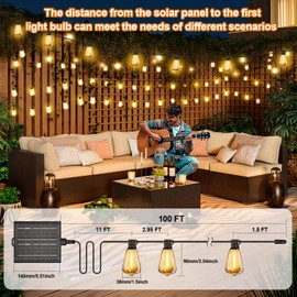 Skoiuc 100FT Solar String Lights Outdoor Waterproof with Remote & Timer, LED Shatterproof ST38 Bulbs, USB & Solar Powered Patio Lights for Backyard, Porch, Garden, Wedding, Christmas Decor