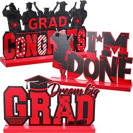 Frienda 3 Graduation Table Decorations, Congrats Table Centerpiece Sign Wooden Graduation Happy Senior 2021 for Grads Party Dinner Coffee Table Topper House School Classroom, 7.87 x 4.72 Inch (Red)