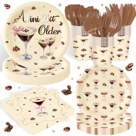 140 Pcs a Tini Bit Older Birthday Party Supplies Bow Decorations Espresso Martini Paper Plates Napkins Cups Knives Forks and Spoons ，Dinnerware for Birthday Wedding Decoration Serves 20