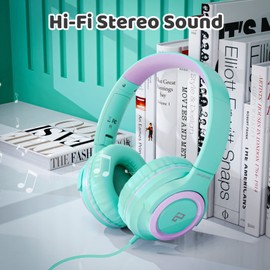 INFURTURE CH2 Kids USB C/3.5mm Headphones for Children Boys Girls, Volume Limit 94dB, On Ear Headphones,Wired Headphones for Teens School, Travel, for Cellphones, Tablets, PC, Kindle(Green)