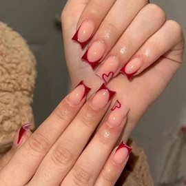 Valentine's Day Press on Nails Short Square WLGDLH Red French Fake Nails Nude Pink False Nails Press ons with Heart Design Glossy Nail Art Tips Full Cover Acrylic Glue on Nails for Women 24 Pcs