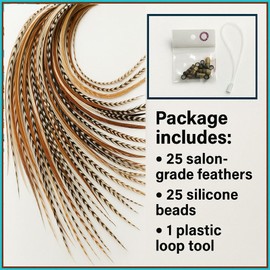 75-Piece Real Feather Hair Extensions Kit – 100% Genuine Rooster Feathers in Natural Browns, Purple & Pink, Aqua and browns Long thin Hair Feather, 75 Mixed color micro beads & loop tool for instal