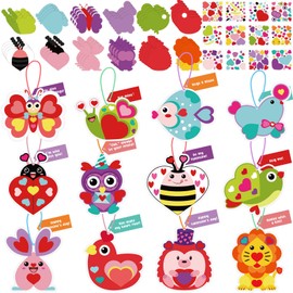 48 Pack Valentine's Day Crafts Heart Animal Crafts for Kids DIY Valentine's Ornament Kit Arts and Crafts Sticker Crafts for Valentine's Hanging Decorations Classroom Handmade Activities 12 Styles