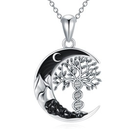 Flpruy Tree of Life DNA Neckalce 925 Sterling Silver Crescent Moon Double Helix Family Tree Pendant Gothic Jewlery Graduation Science Genealogy Gift