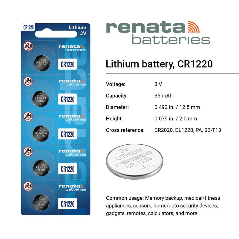 Renata CR1220 Batteries - 3V Lithium Coin Cell 1220 Battery