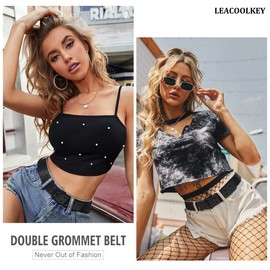 LEACOOLKEY Double Hole Rivet Belt, Punk Belt, Rivet Belt, Hip Hop Belt, Skirt Belt for Women, B-black