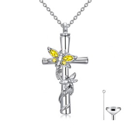 HVQP Dragonfly Cross Urn Citrine Necklaces for Ashes Women White Gold Plated s925 Sterling Silver w/Funnel Filler Memorial Cremation Jewelry with November Birthstone Christmas Birthday Gifts for Women Her Wife