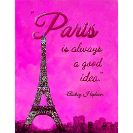 Paris is Always a Good Idea Inspirational Quote Painting Print Audrey Hepburn Wall Art Unframed Decor (9x12, Pink)