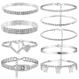 Junkin 9 Pcs Ankle Bracelets for Women Silver Rhinestone Butterfly Heart Anklet Link Anklets Set Layered Braided Chain Anklet Charm Foot Chain Jewelry Gift for Lady Thanksgiving Christmas(Silver)