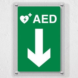 V Safety AED Arrow Down Automated External Defibrillator Acrylic Sign - 200x300mm - Emergency Health Signage, Durable, Shatterproof