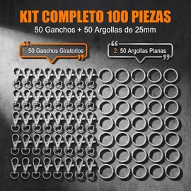 100 Argollas para Llaveros de Acero Inoxidable,50Ganchos Giratorios+50Aros Grandes de 25mm,Aros para llaveros,Ganchos para llaveros,Kit Profesional para DIY Manualidades,Bisutería y Llaveros Mayoreo