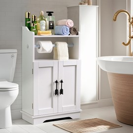VECELO Mega Toilet Paper Holder Bathroom Organizer of Rolls, Waterproof, Large Capacity Reserve Area, Removeable Rod, D 9.45 × W 18.9 × H 31.5 Inch, White