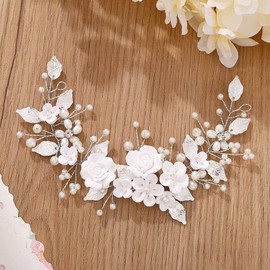 Evlry Flower Bridal Wedding Hair Vine Beads Hair Accessories Leaf Bridal Headband Headpiece for Women