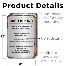 Cash Is King Preferred Method of Payment (2 Pack) 8 Inch x 12 Inch Novelty Plastic Sign Durable Weatherproof UV Protected Perfect for Shops Offices Fun Gag Gift for Business Owners Crafted in the USA