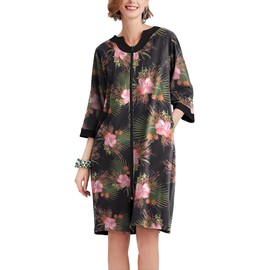 Ekouaer Women Zipper Robe 3/4 Sleeve Nightgowns Lightweight Short Bathrobe with Pockets Pink Flower,3XL