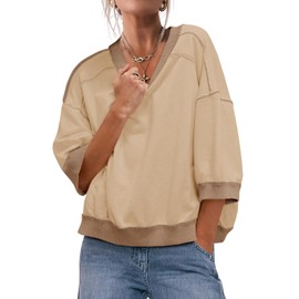 Fisoew Womens Oversized Sweatshirt 3/4 Sleeve Crewneck Cropped Top Casual Contrast Color Loose Fit Pullover Tops Khaki