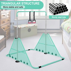 Triclicks Foldable Gymnastics Bar with Rings, Adjustable Height Expandable Training Kip Bar for Kids 3-12 - Home Gym Horizontal Monkey Bars Equipment for Boys & Girls (Green)