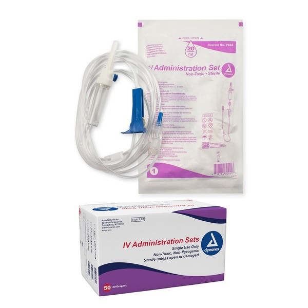 Dynarex 7044 IV Administration Set with 1 Injection Site, 20 Drop/mL, 92" Length, Pack of 50