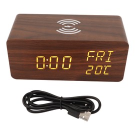 Wooden Digital Alarm Clock Yellow LED Display Adjustable Dimmer Weekday Wireless Charging Clocks