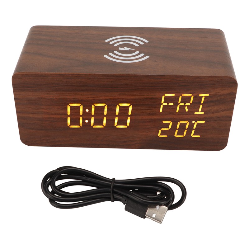 Wooden Digital Alarm Clock Yellow LED Display Adjustable Dimmer Weekday